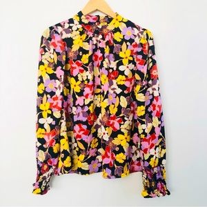 [WhoWhatWear] High Neck Smocked Ruffle Sleeve Puff Shoulder Floral Satin Top
